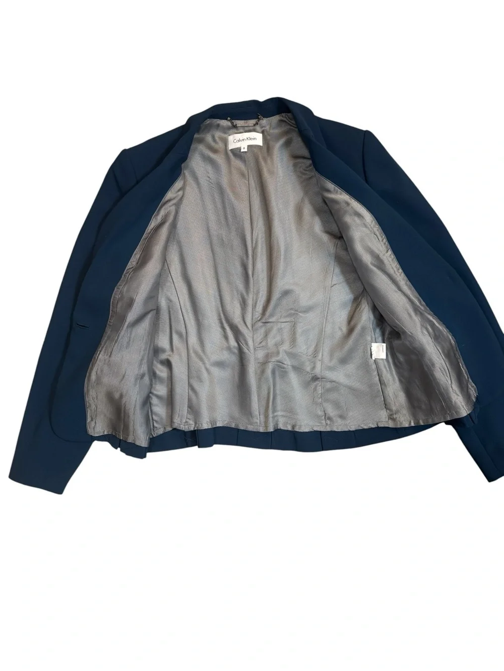 Calvin Klein Blue Pleated Peplum One Button Tailored Blazer Jacket Size 8